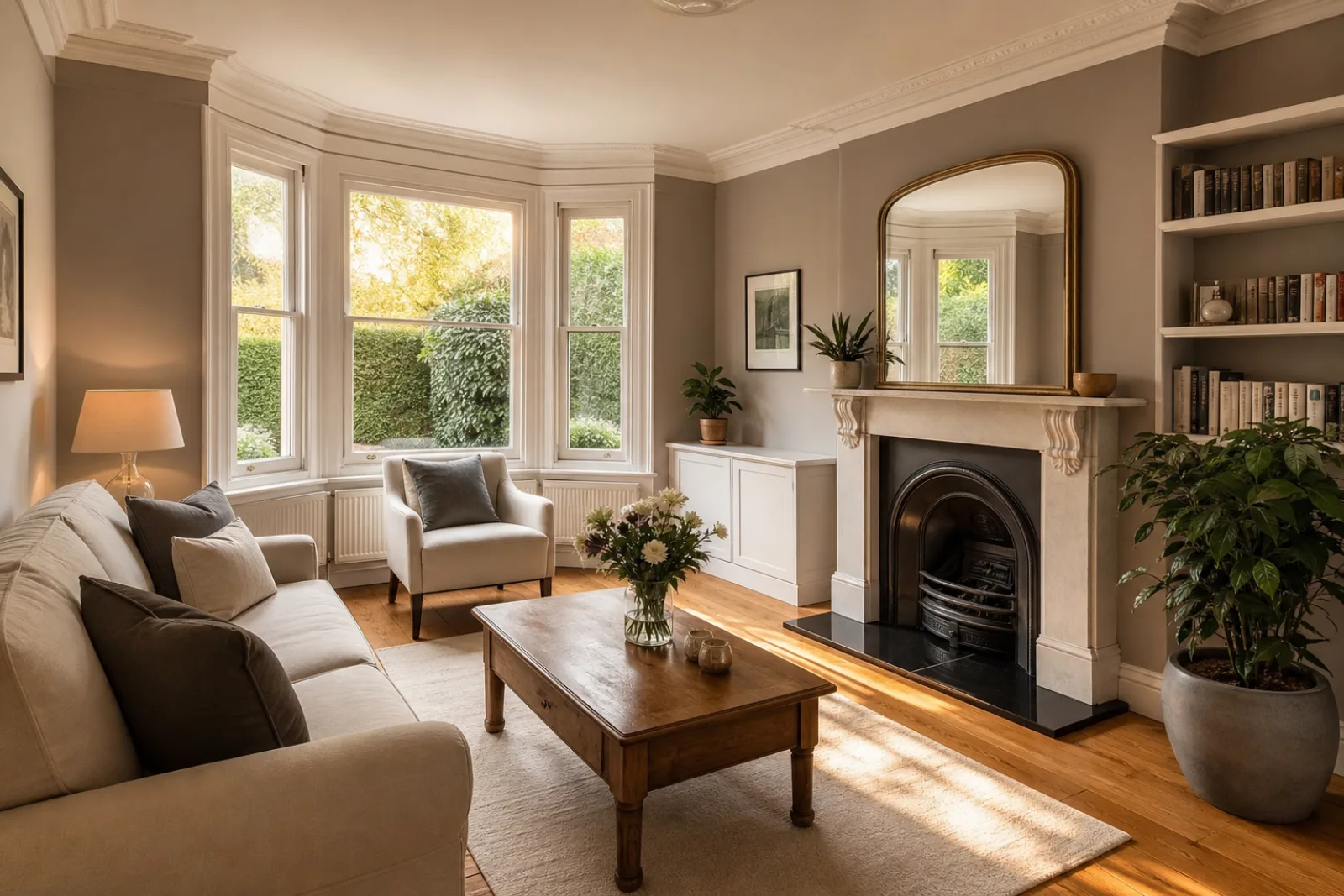 A freshly cleaned, spotless living room with a bay window and period fireplace in a British Victorian terraced house