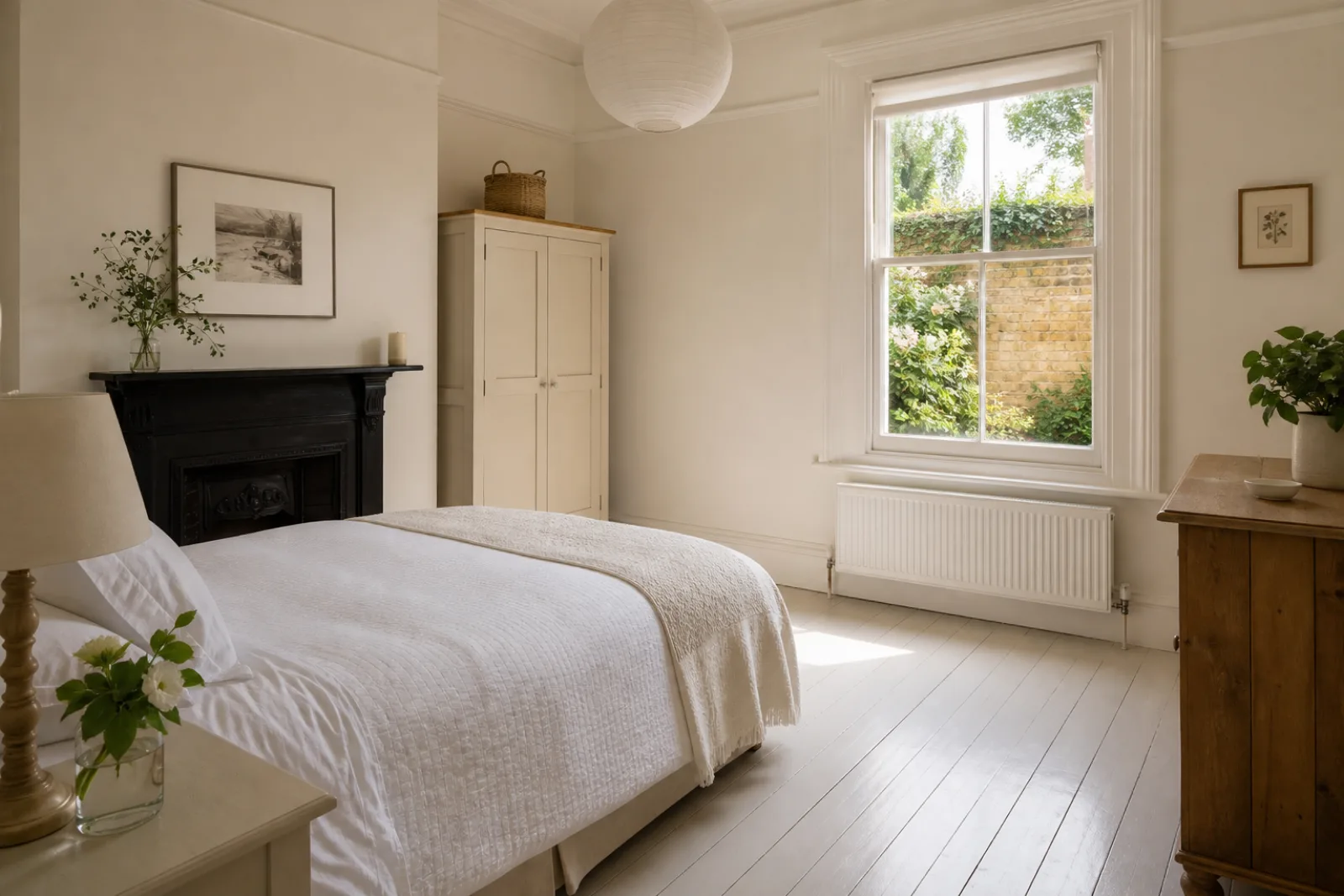 A pristine bedroom with painted floorboards and a neatly made bed in a British Victorian terraced house just after a professional clean