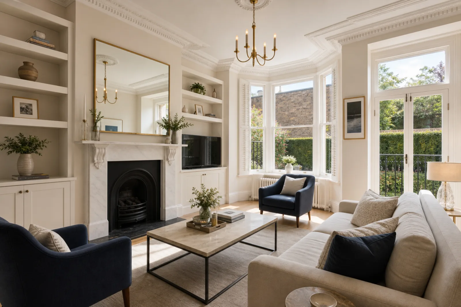 A freshly cleaned, spotless living room with a bay window and period fireplace in a British modern apartment with floor-to-ceiling windows and a Juliet balcony