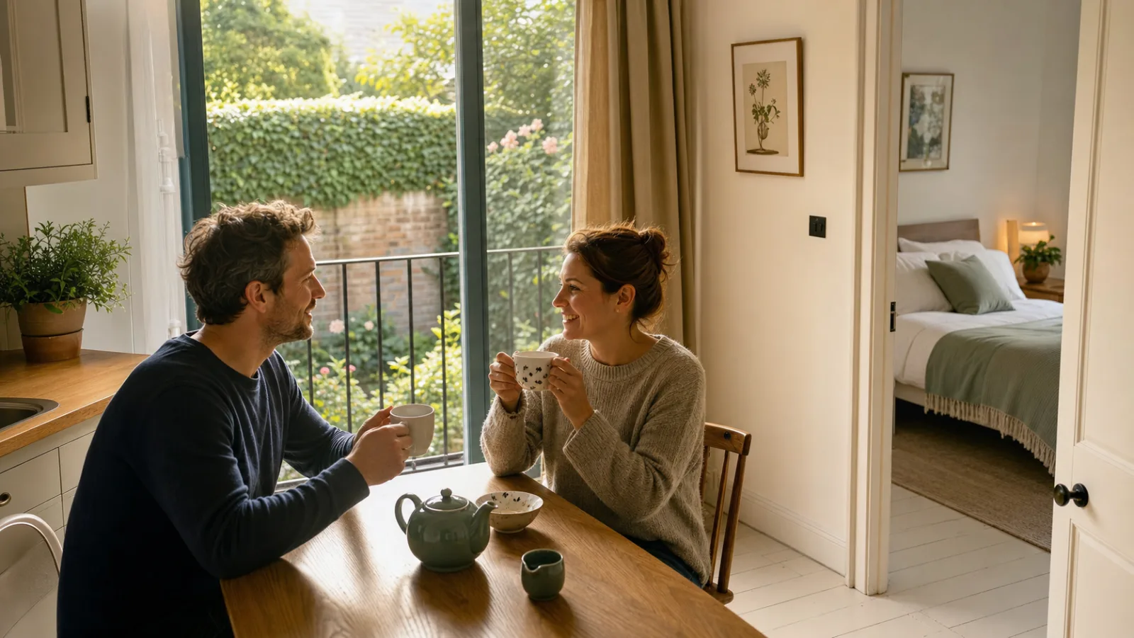 A couple chatting happily over tea in their tidy kitchen in a freshly cleaned bedroom with painted floorboards and a neatly made bed of a British modern apartme
