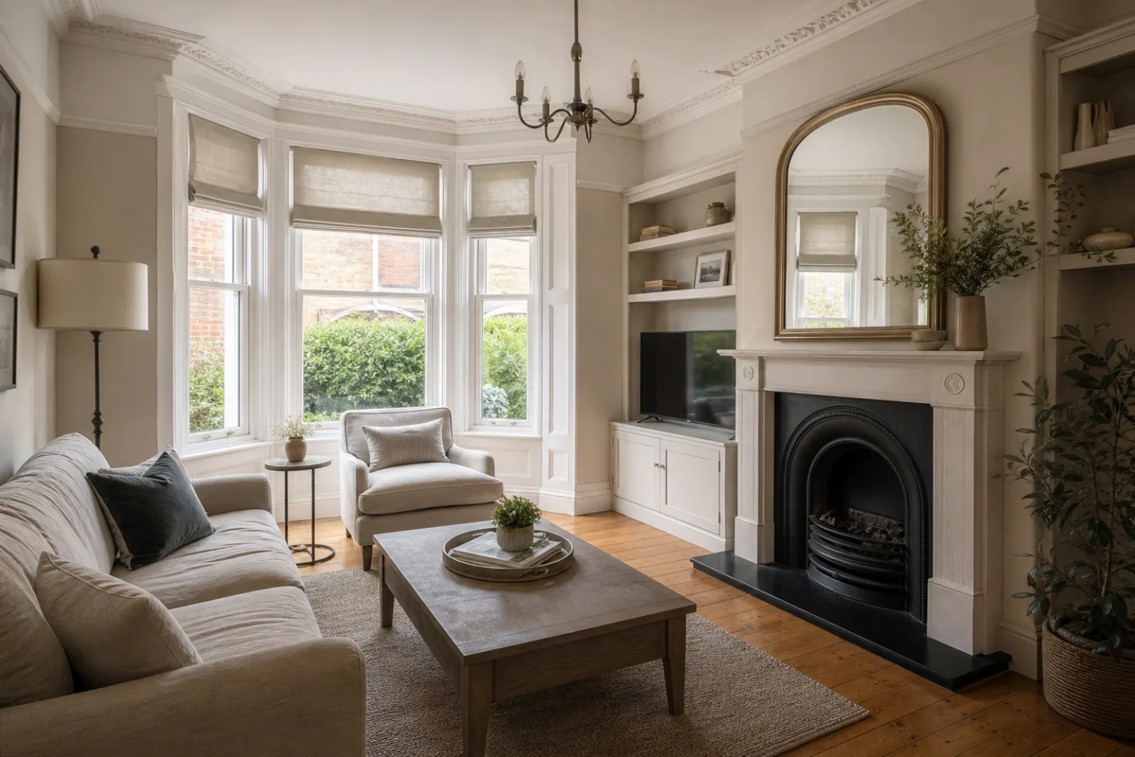 A pristine living room with a bay window and period fireplace in a British Victorian terraced house just after a professional clean