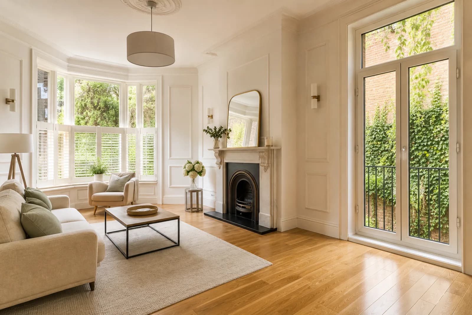 A freshly cleaned, spotless living room with a bay window and period fireplace in a British modern apartment with floor-to-ceiling windows and a Juliet balcony