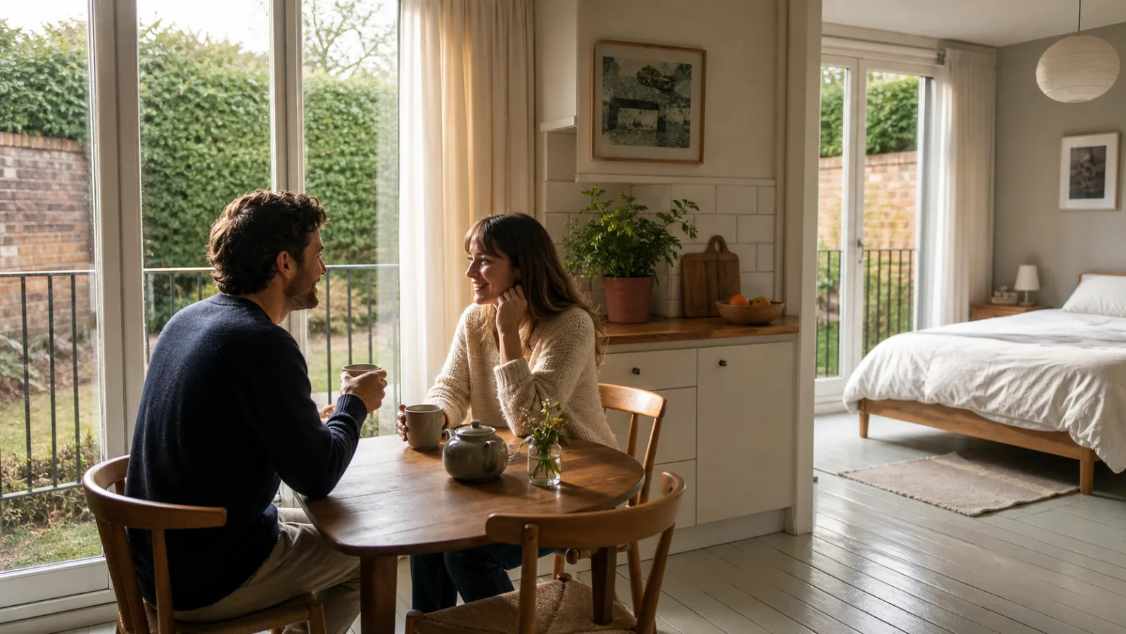 A couple chatting happily over tea in their tidy kitchen in a freshly cleaned bedroom with painted floorboards and a neatly made bed of a British modern apartme