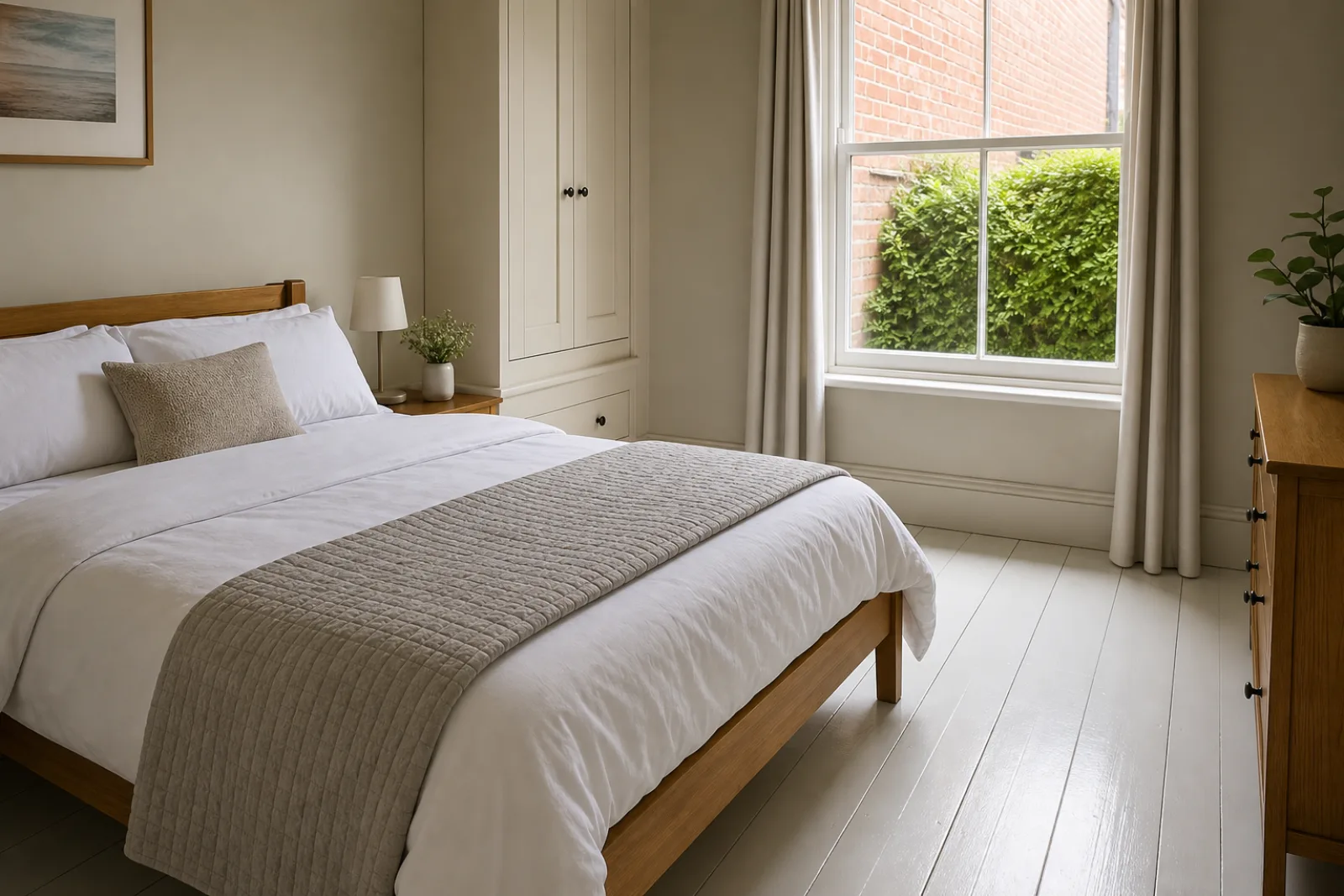 A freshly cleaned, spotless bedroom with painted floorboards and a neatly made bed in a British red-brick terraced house