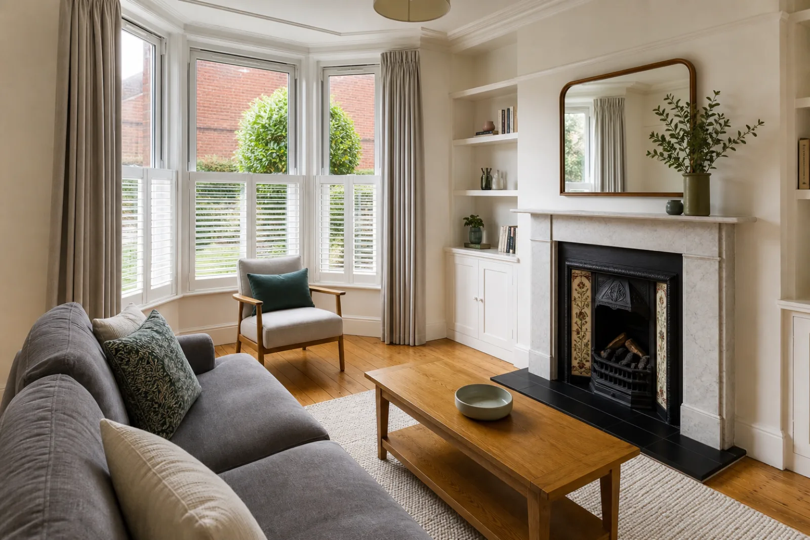 A pristine living room with a bay window and period fireplace in a British red-brick terraced house just after a professional clean