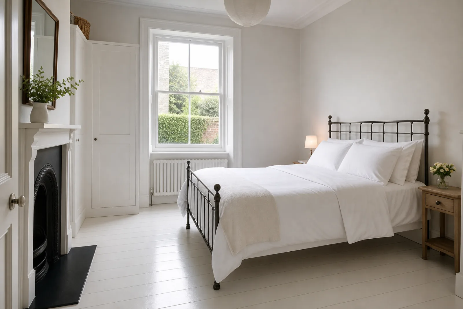 A freshly cleaned, spotless bedroom with painted floorboards and a neatly made bed in a British Victorian terraced house, bright overcast daylight, everything g