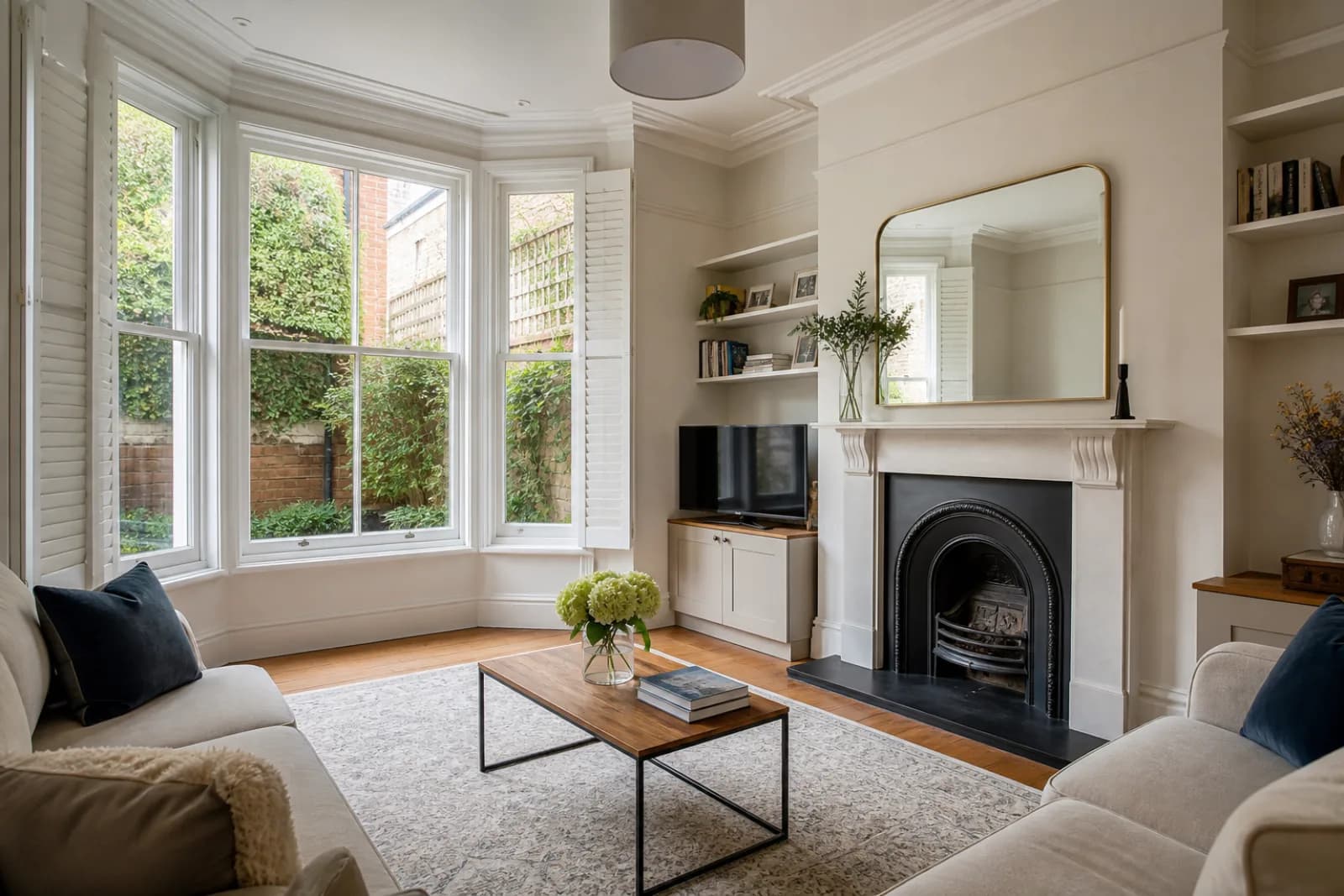 A pristine living room with a bay window and period fireplace in a British Victorian terraced house just after a professional clean, bright overcast daylight, s