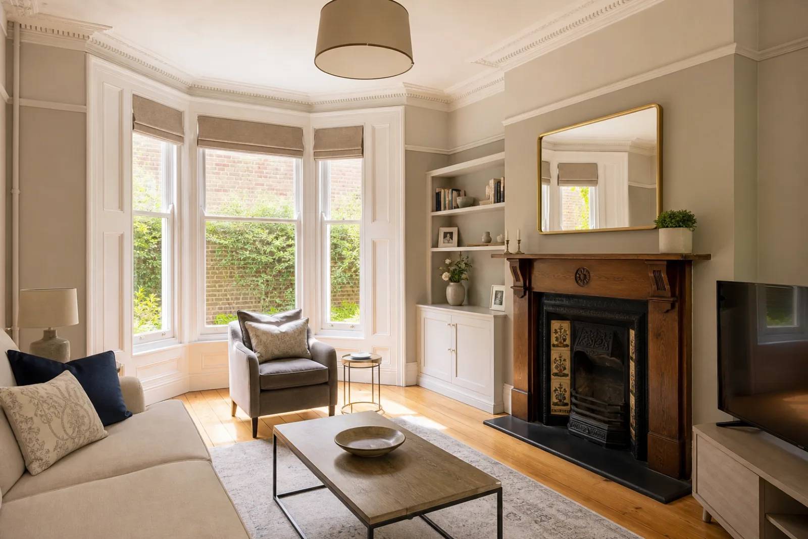 A freshly cleaned, spotless living room with a bay window and period fireplace in a British Victorian terraced house
