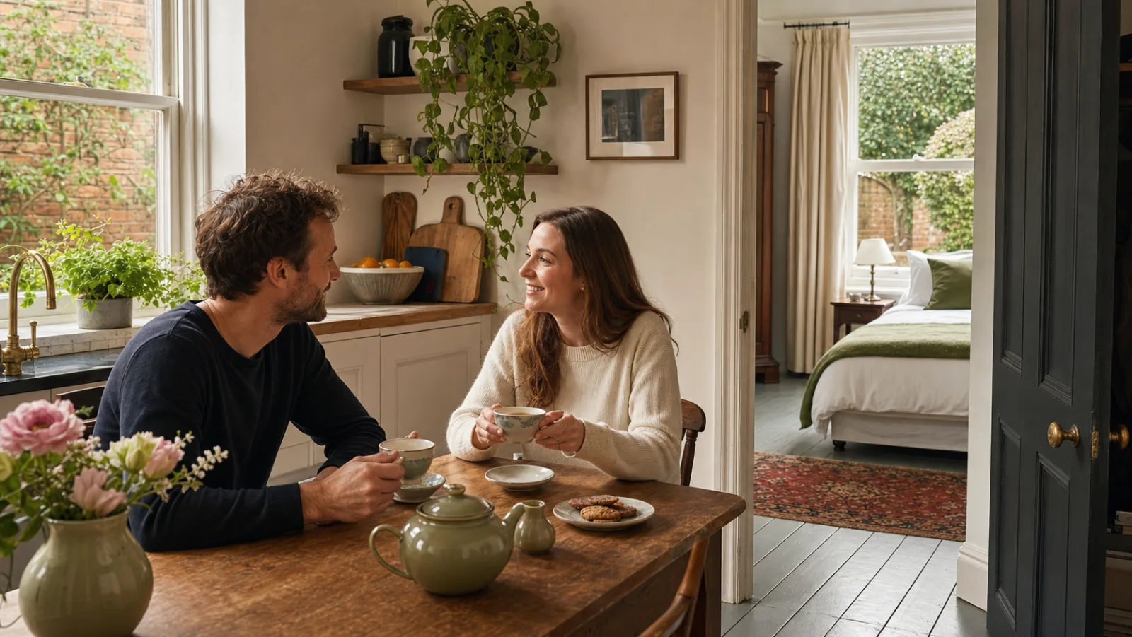 A couple chatting happily over tea in their tidy kitchen in a freshly cleaned bedroom with painted floorboards and a neatly made bed of a British Victorian terr