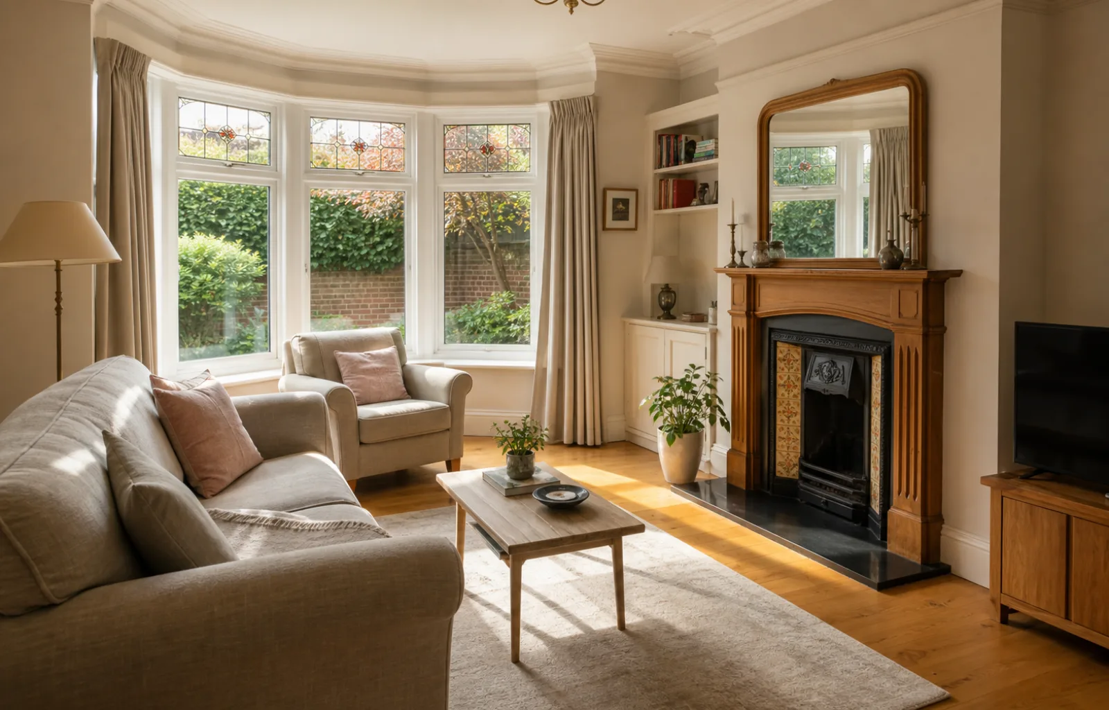 A freshly cleaned, spotless living room with a bay window and period fireplace in a British 1930s bay-fronted semi