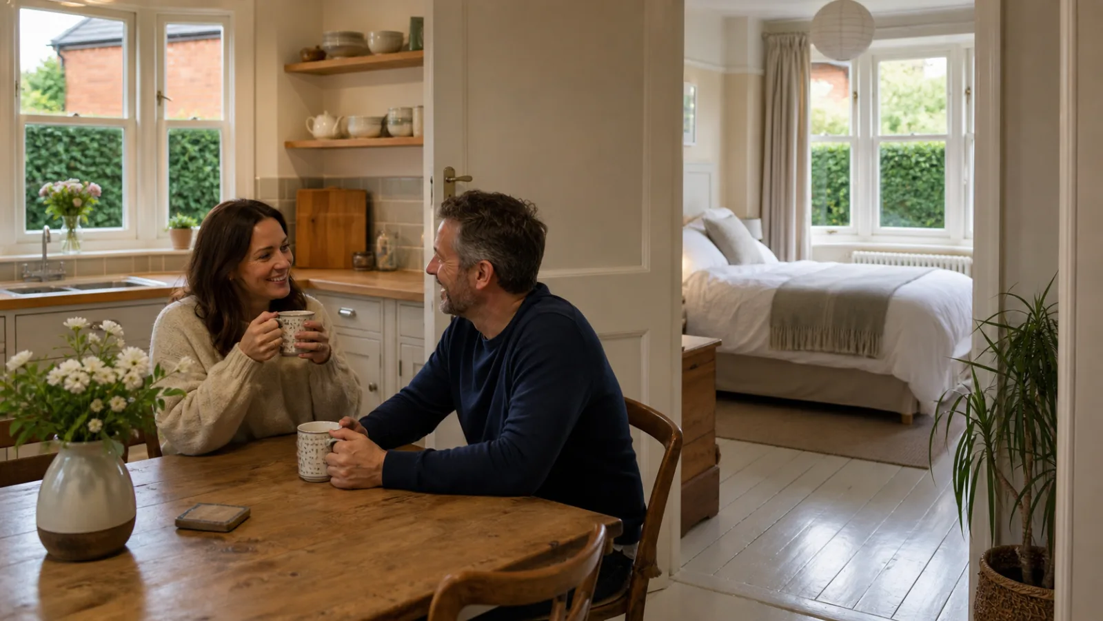 A couple chatting happily over tea in their tidy kitchen in a freshly cleaned bedroom with painted floorboards and a neatly made bed of a British 1930s bay-fron
