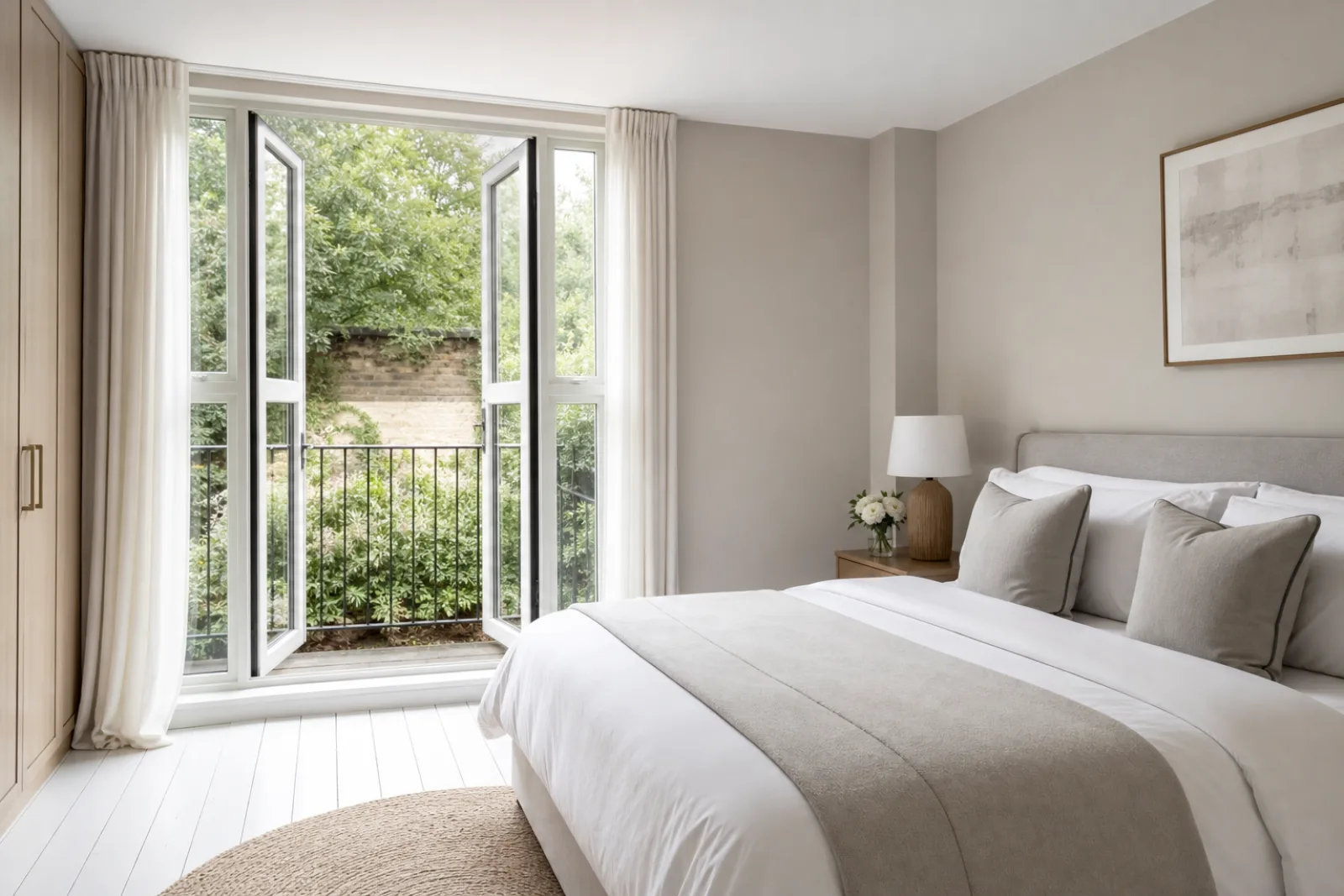 A freshly cleaned, spotless bedroom with painted floorboards and a neatly made bed in a British modern apartment with floor-to-ceiling windows and a Juliet balc