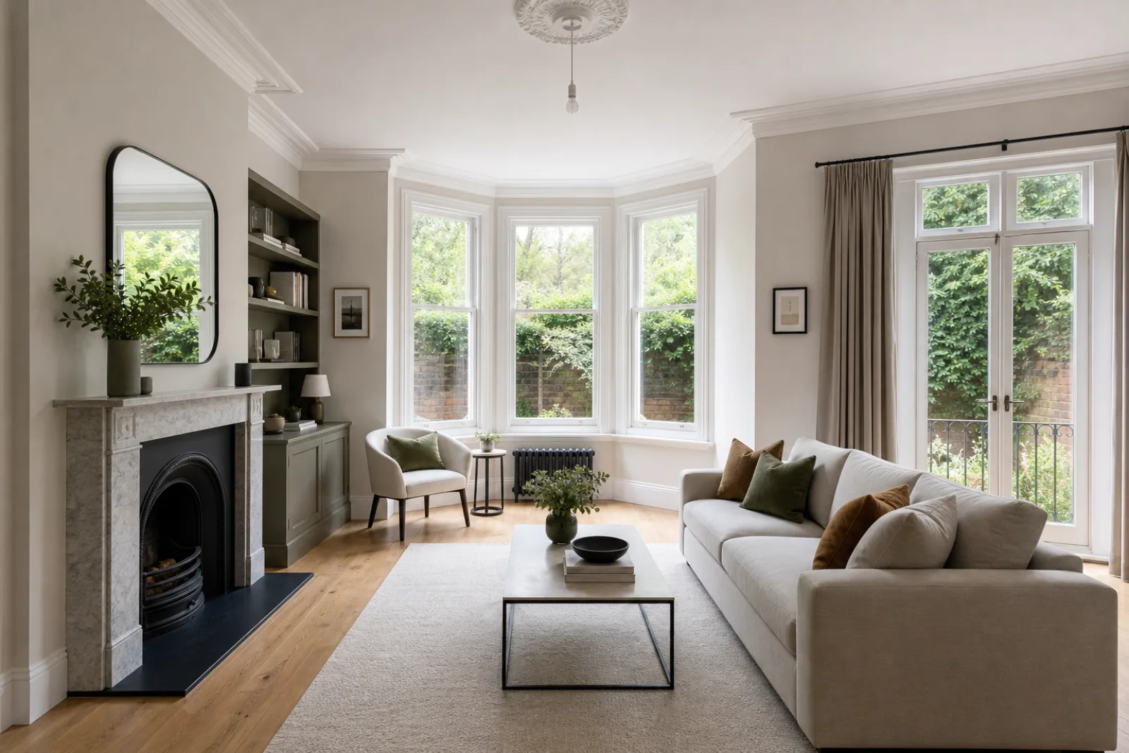 A pristine living room with a bay window and period fireplace in a British modern apartment with floor-to-ceiling windows and a Juliet balcony just after a prof