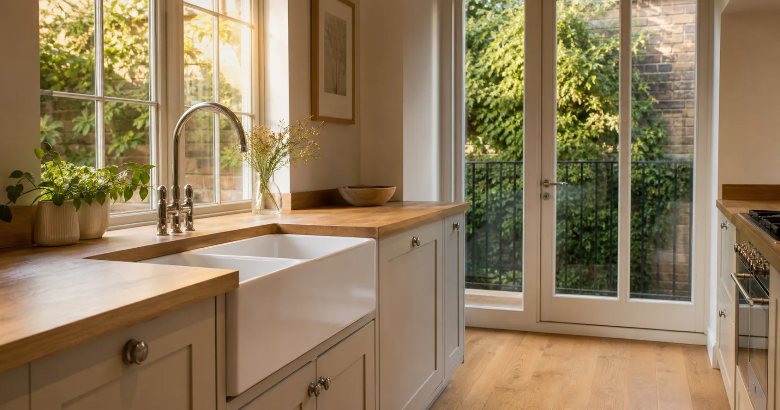 A pristine kitchen with wooden worktops and a ceramic butler sink in a British modern apartment with floor-to-ceiling windows and a Juliet balcony just after a 