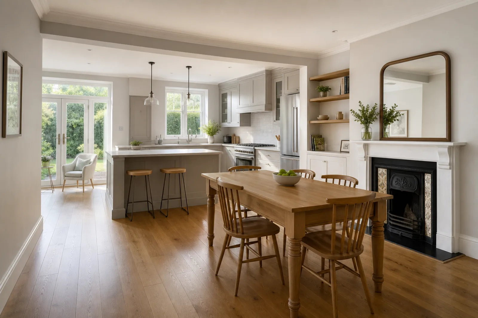 A freshly cleaned, spotless open-plan kitchen diner with oak flooring in a British Edwardian semi-detached house