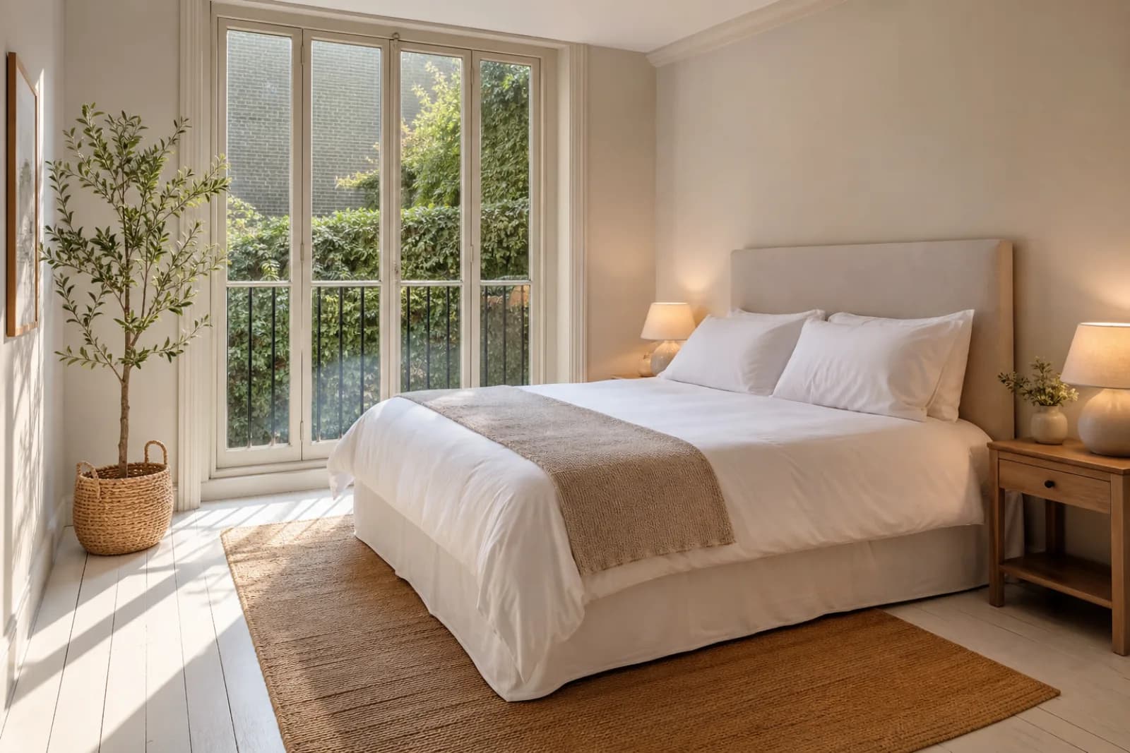 A pristine bedroom with painted floorboards and a neatly made bed in a British modern apartment with floor-to-ceiling windows and a Juliet balcony just after a 
