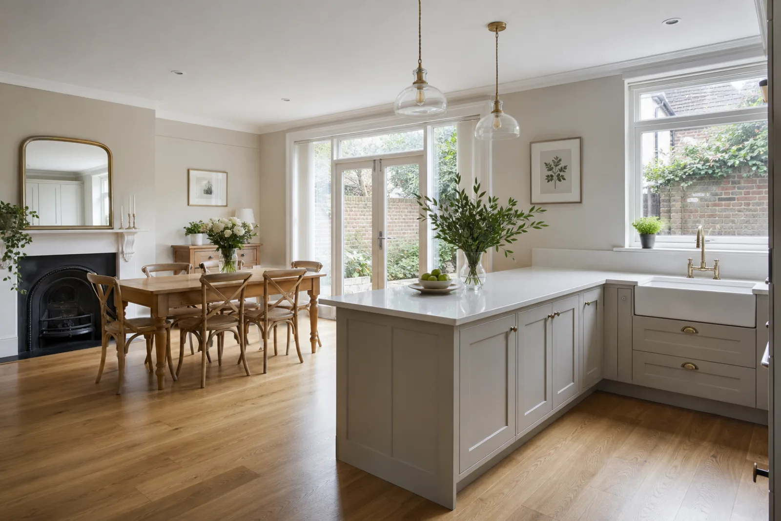A freshly cleaned, spotless open-plan kitchen diner with oak flooring in a British Victorian terraced house