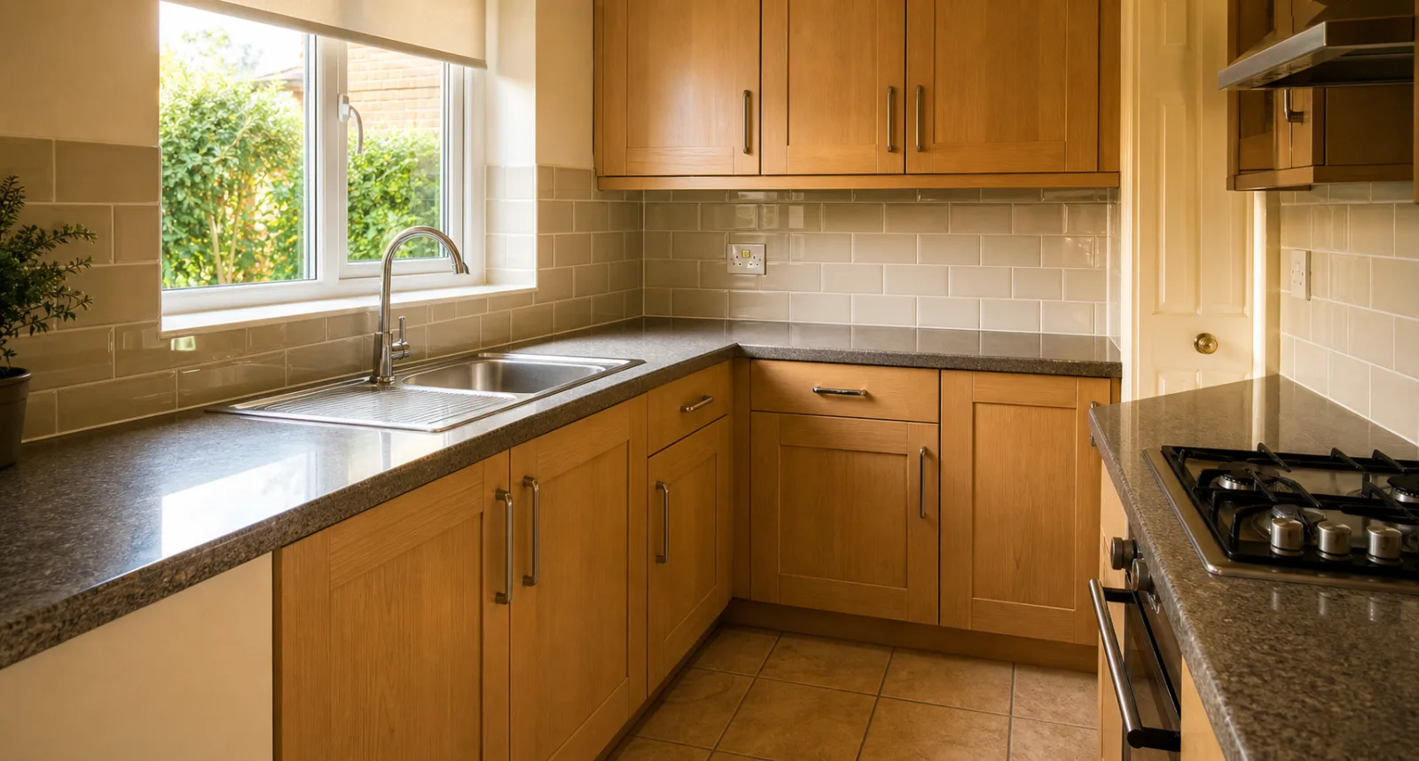 An immaculate small British kitchen after a professional clean, worktops completely clear and gleaming, sparkling taps