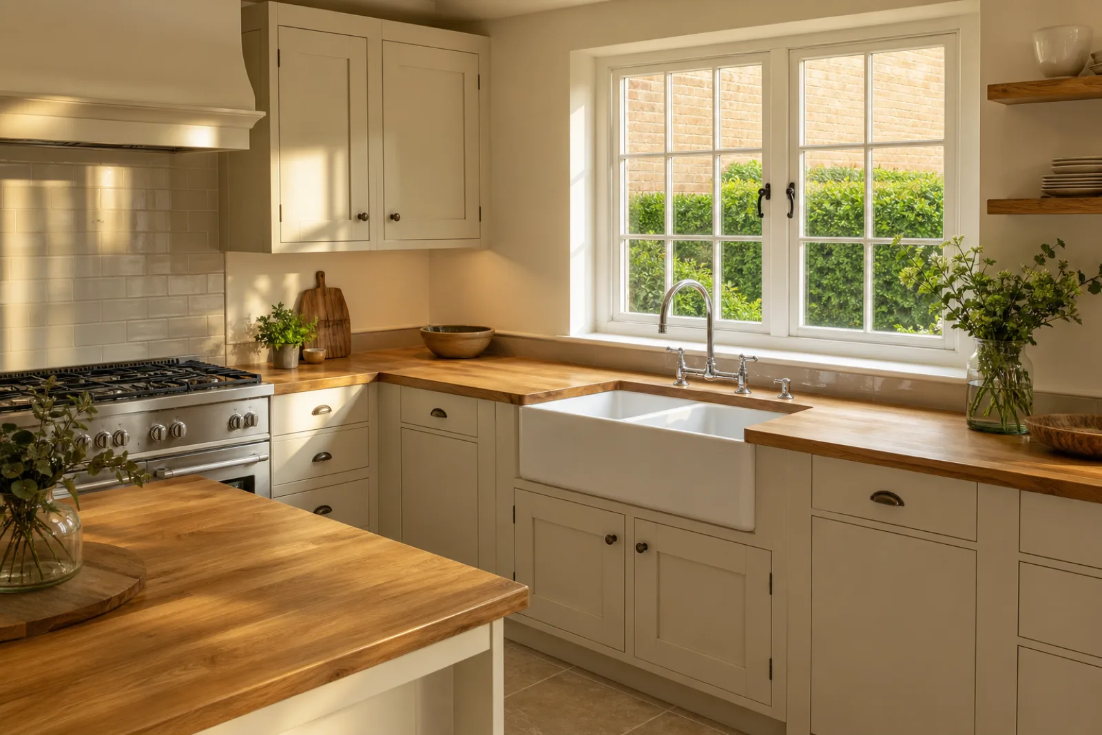 A spotless, freshly cleaned kitchen with wooden worktops and a ceramic butler sink inside a British detached family home