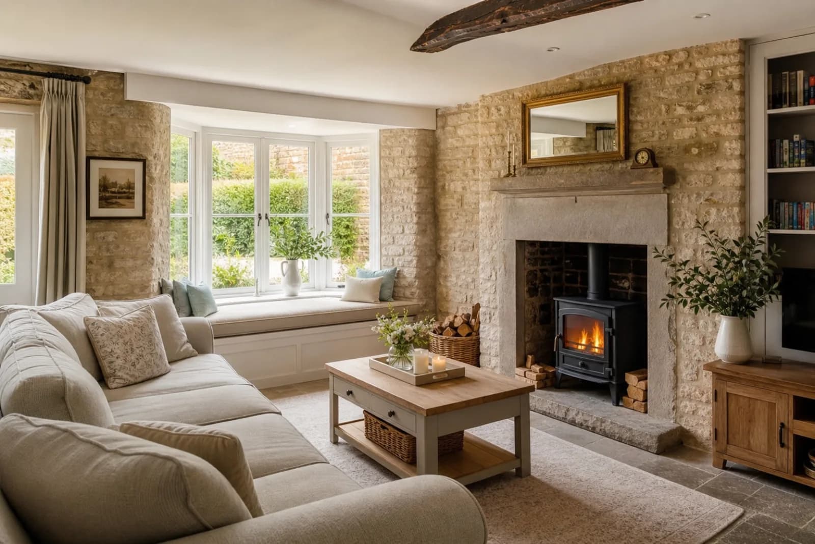 A spotless, freshly cleaned living room with a bay window and period fireplace inside a British stone cottage with deep windowsills