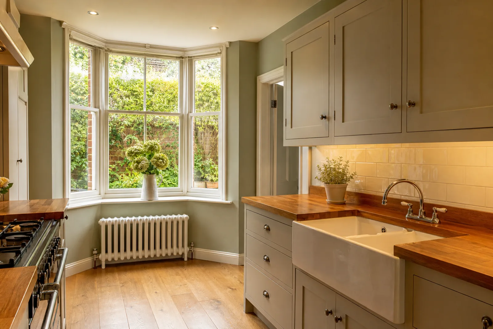 A bright, freshly cleaned kitchen with wooden worktops and a ceramic butler sink in a British 1930s bay-fronted semi