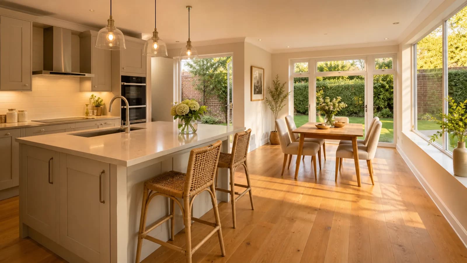 A spotless, freshly cleaned open-plan kitchen diner with oak flooring inside a British detached family home
