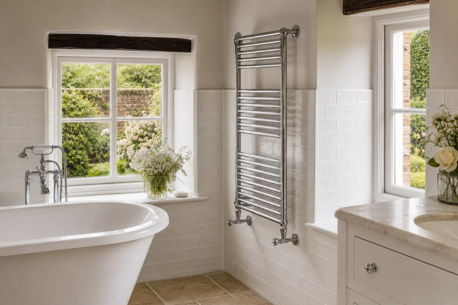 A spotless, freshly cleaned bathroom with white metro tiles and a gleaming chrome towel radiator inside a British stone cottage with deep windowsills