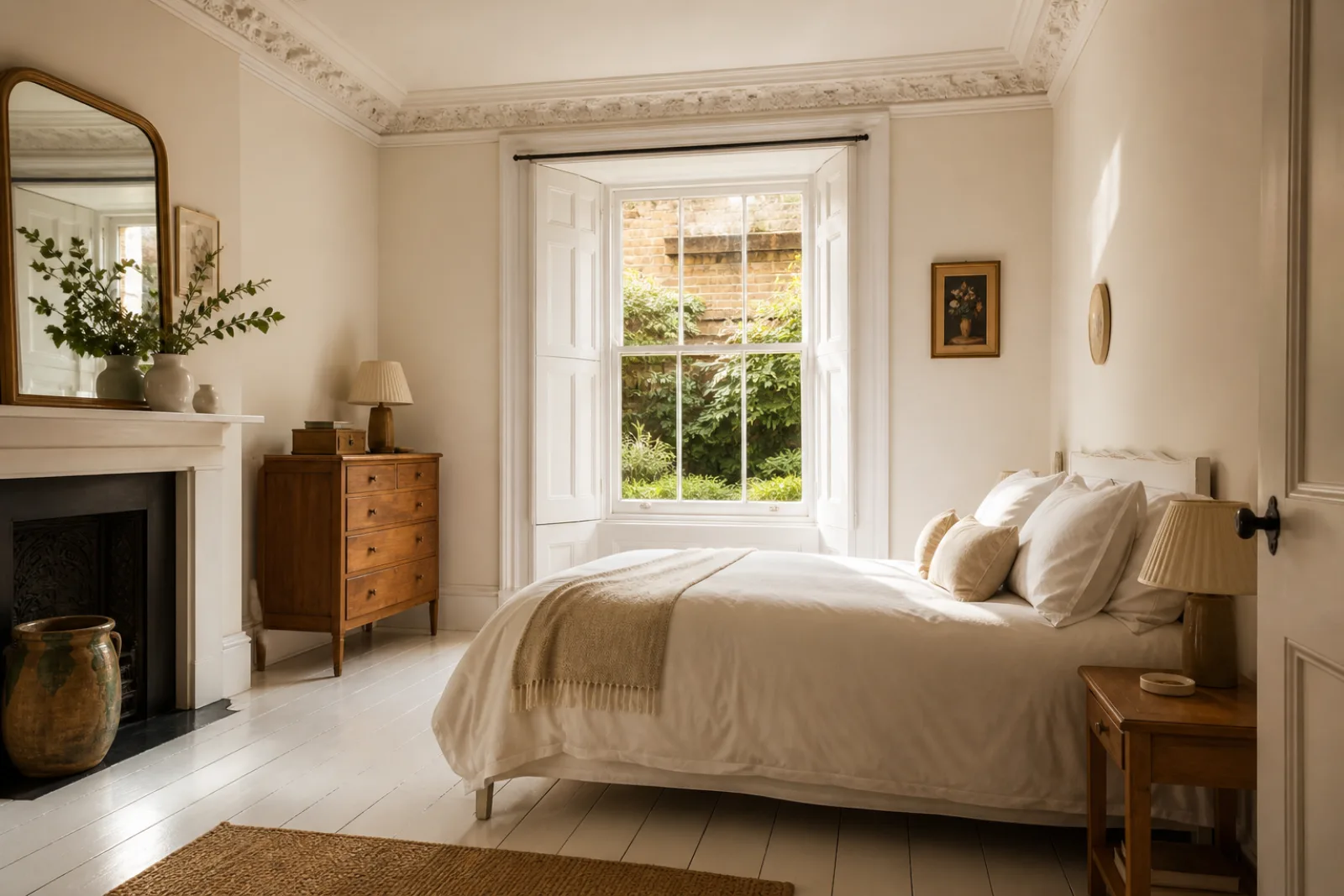 A bright, freshly cleaned bedroom with painted floorboards and a neatly made bed in a British converted period flat with high ceilings and cornicing