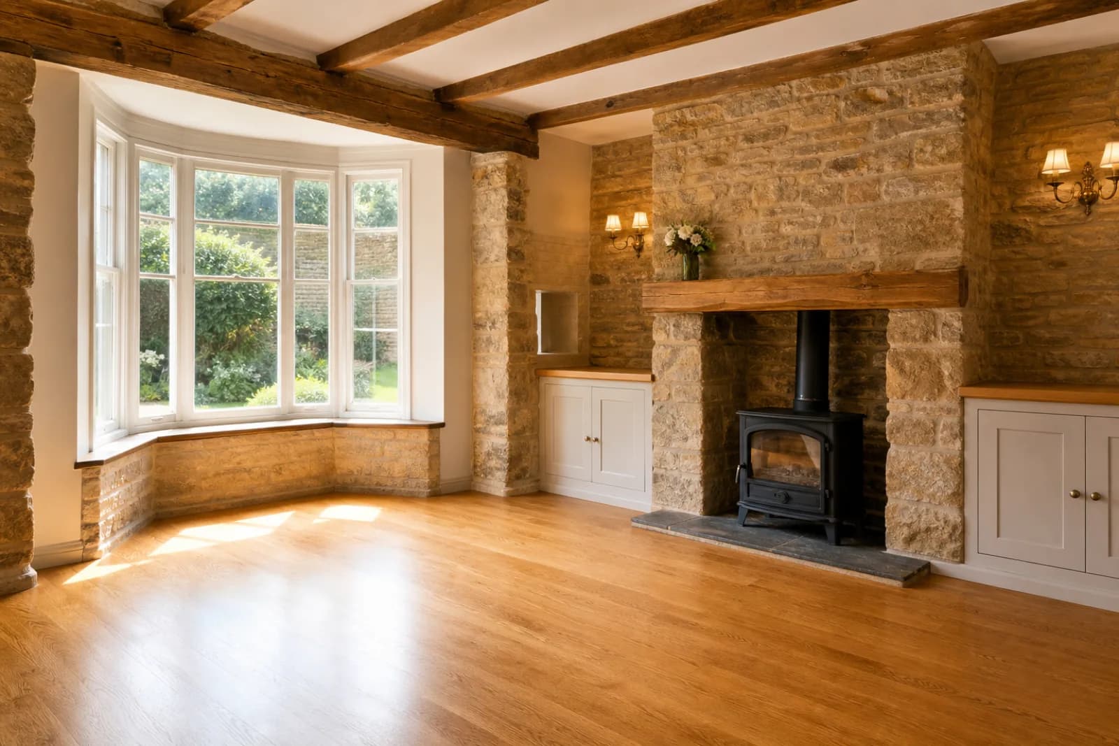 A spotless, freshly cleaned living room with a bay window and period fireplace inside a British stone cottage with deep windowsills