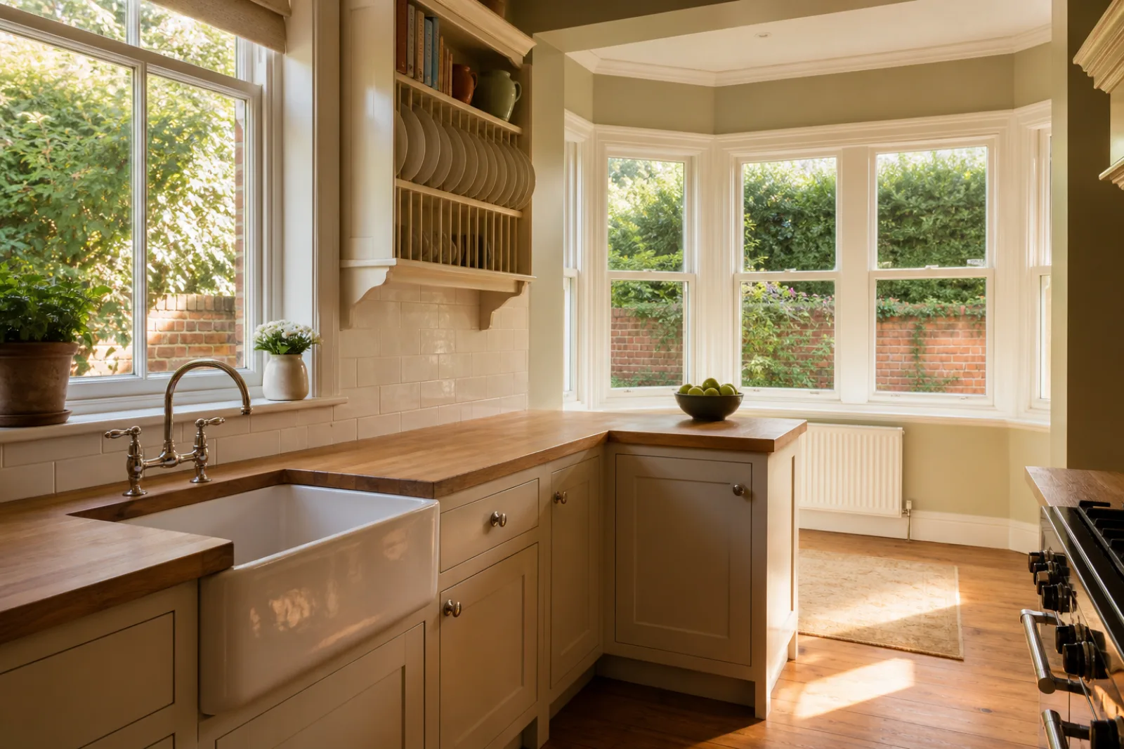 A bright, freshly cleaned kitchen with wooden worktops and a ceramic butler sink in a British 1930s bay-fronted semi