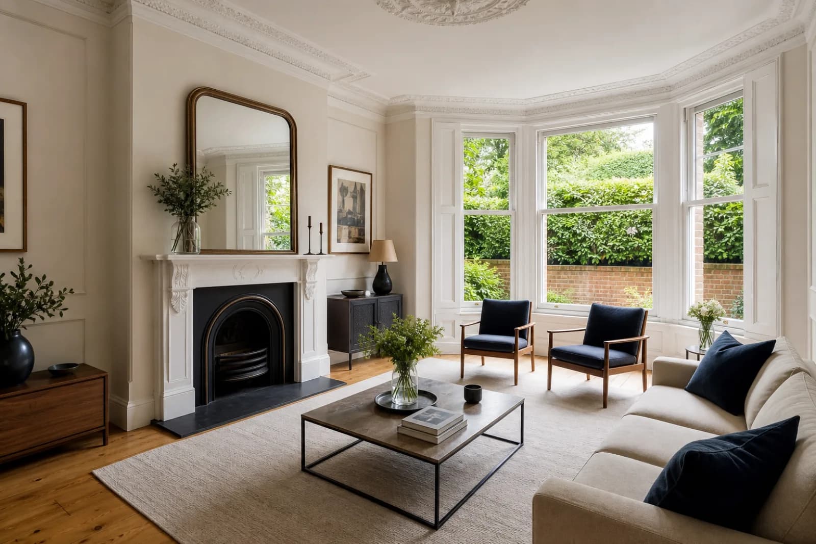 A spotless, freshly cleaned living room with a bay window and period fireplace inside a British converted period flat with high ceilings and cornicing, bright o