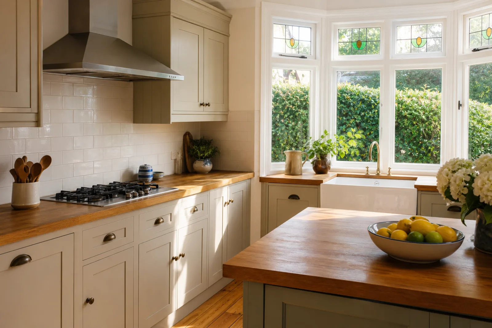 A bright, freshly cleaned kitchen with wooden worktops and a ceramic butler sink in a British 1930s bay-fronted semi