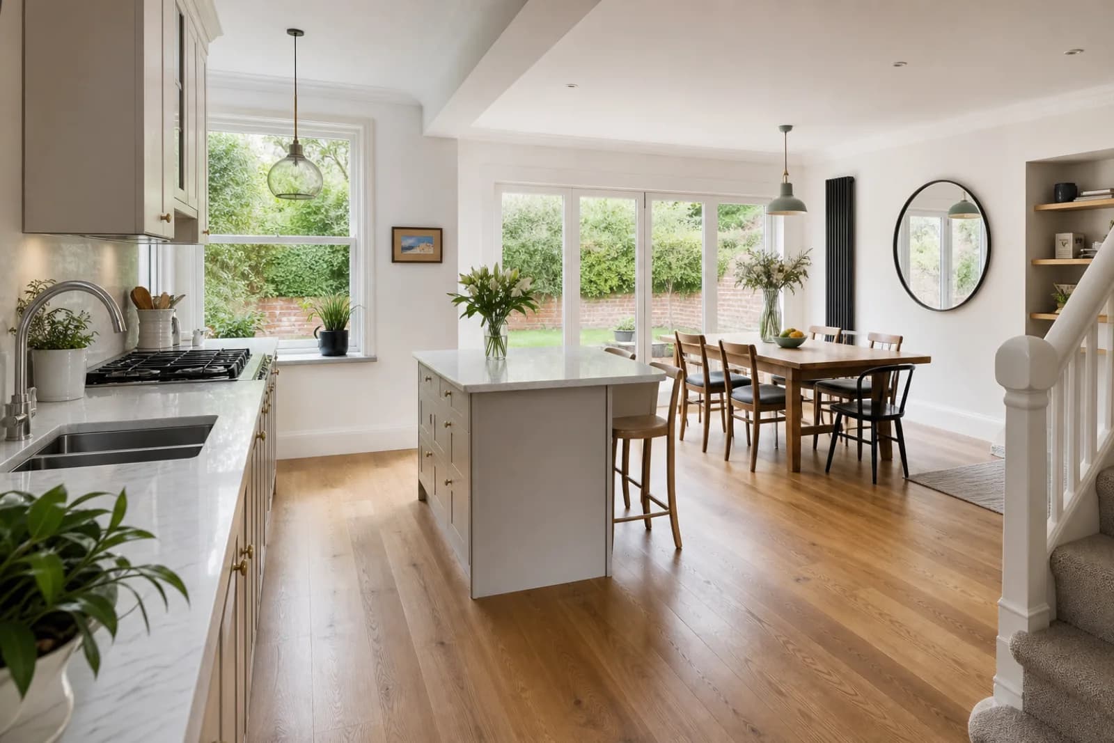 A freshly cleaned, spotless open-plan kitchen diner with oak flooring in a British Victorian terraced house, bright overcast daylight, everything gleaming and p