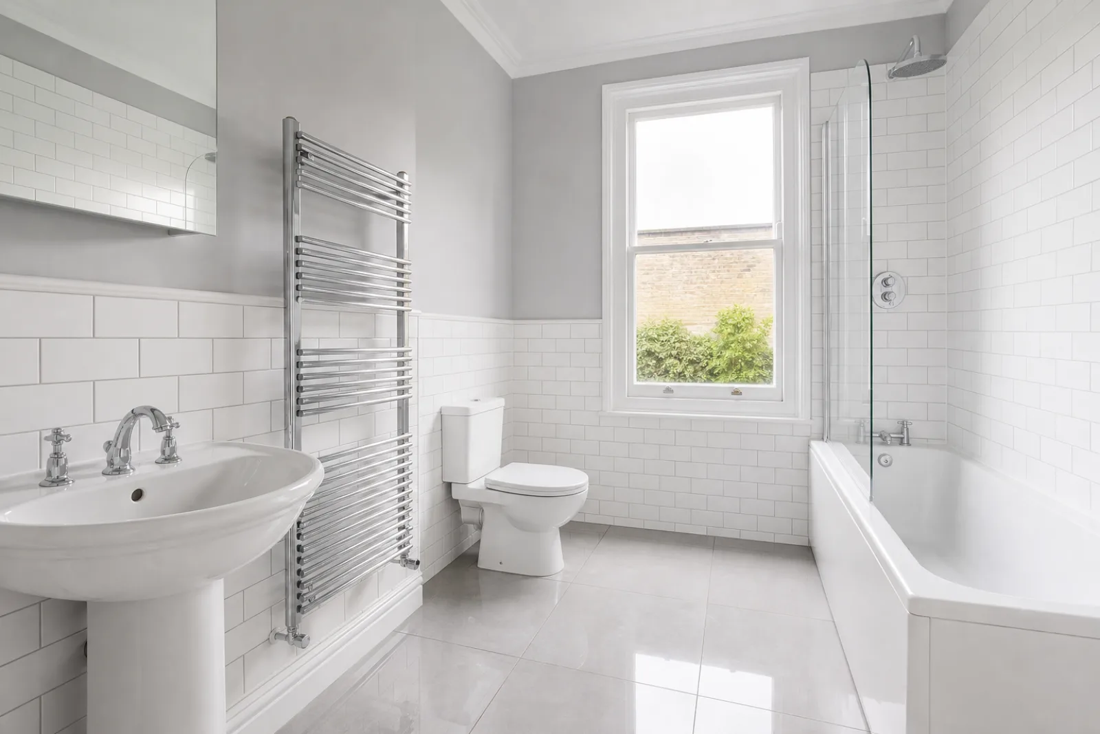 A pristine bathroom with white metro tiles and a gleaming chrome towel radiator in a British Victorian terraced house just after a professional clean, bright ov