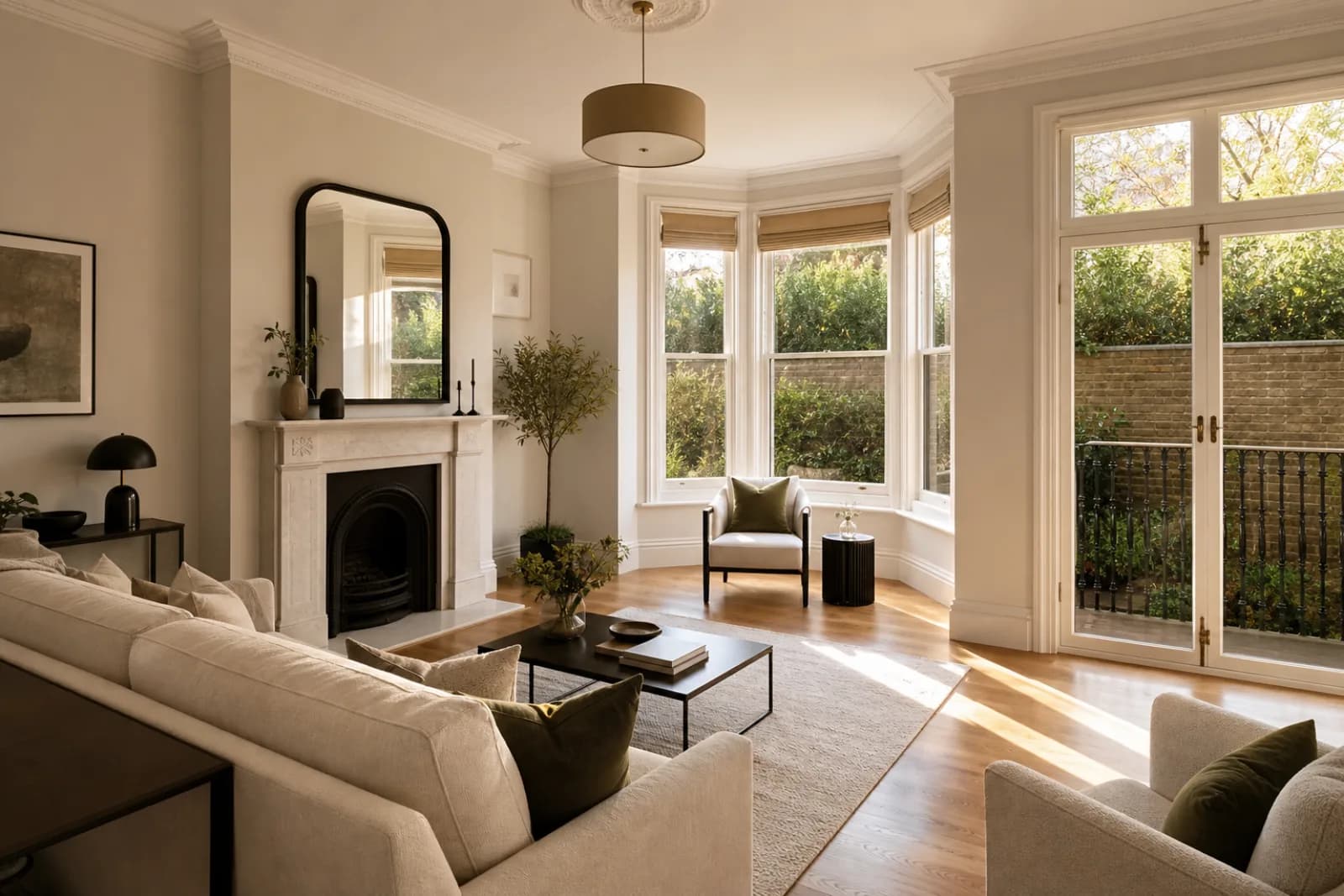 A freshly cleaned, spotless living room with a bay window and period fireplace in a British modern apartment with floor-to-ceiling windows and a Juliet balcony