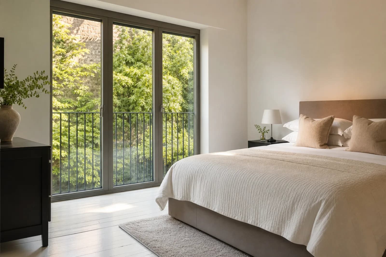 A pristine bedroom with painted floorboards and a neatly made bed in a British modern apartment with floor-to-ceiling windows and a Juliet balcony just after a 