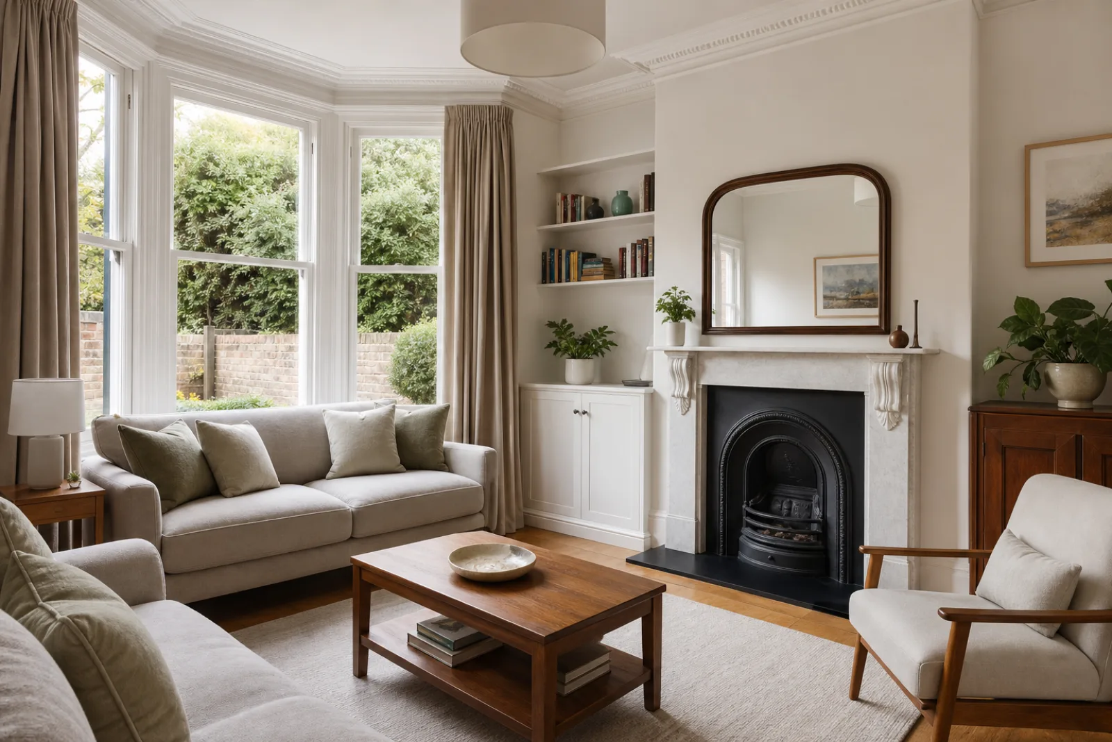 A pristine living room with a bay window and period fireplace in a British Victorian terraced house just after a professional clean