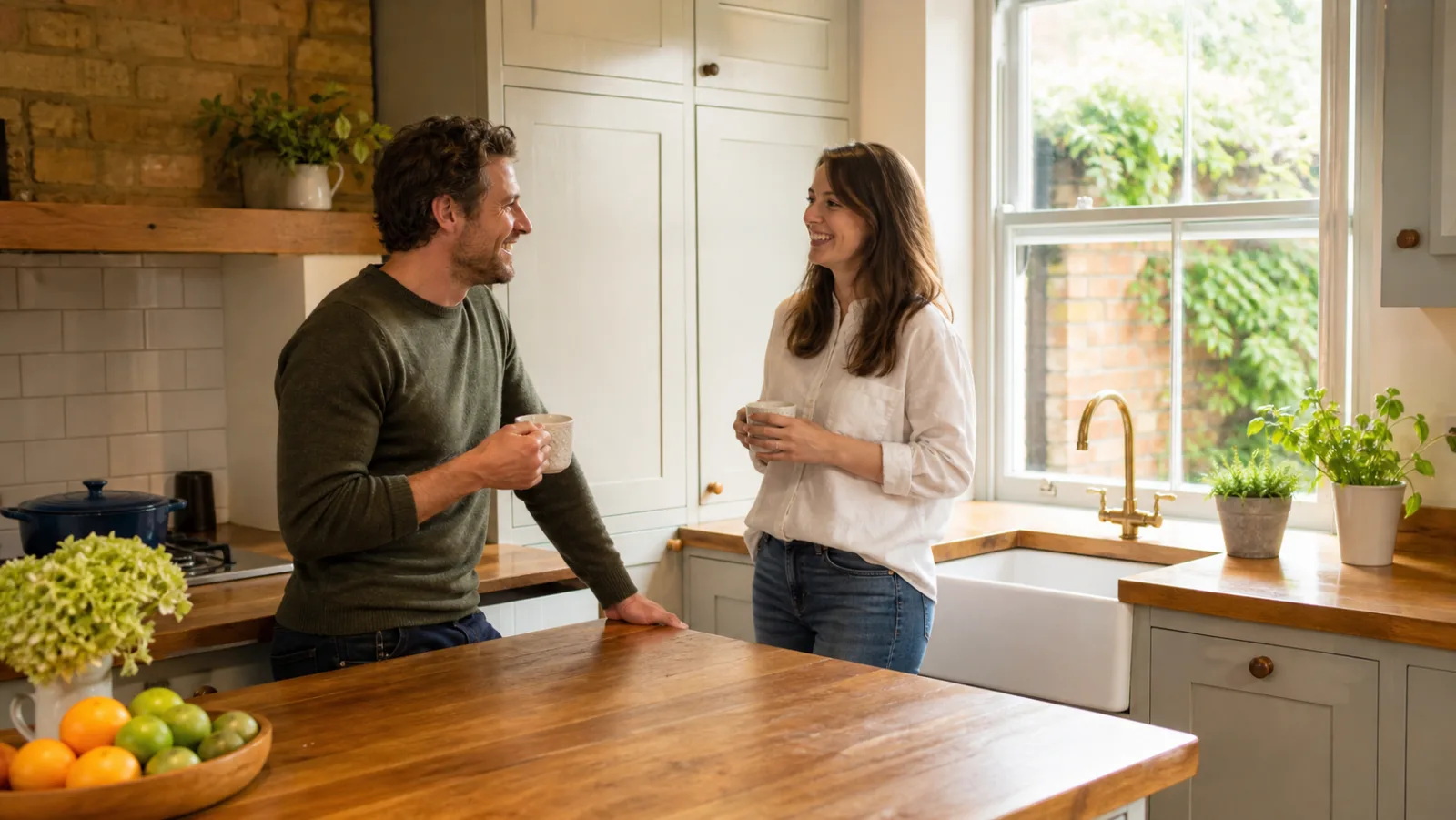 A couple chatting happily over tea in their tidy kitchen in a freshly cleaned kitchen with wooden worktops and a ceramic butler sink of a British Victorian terr