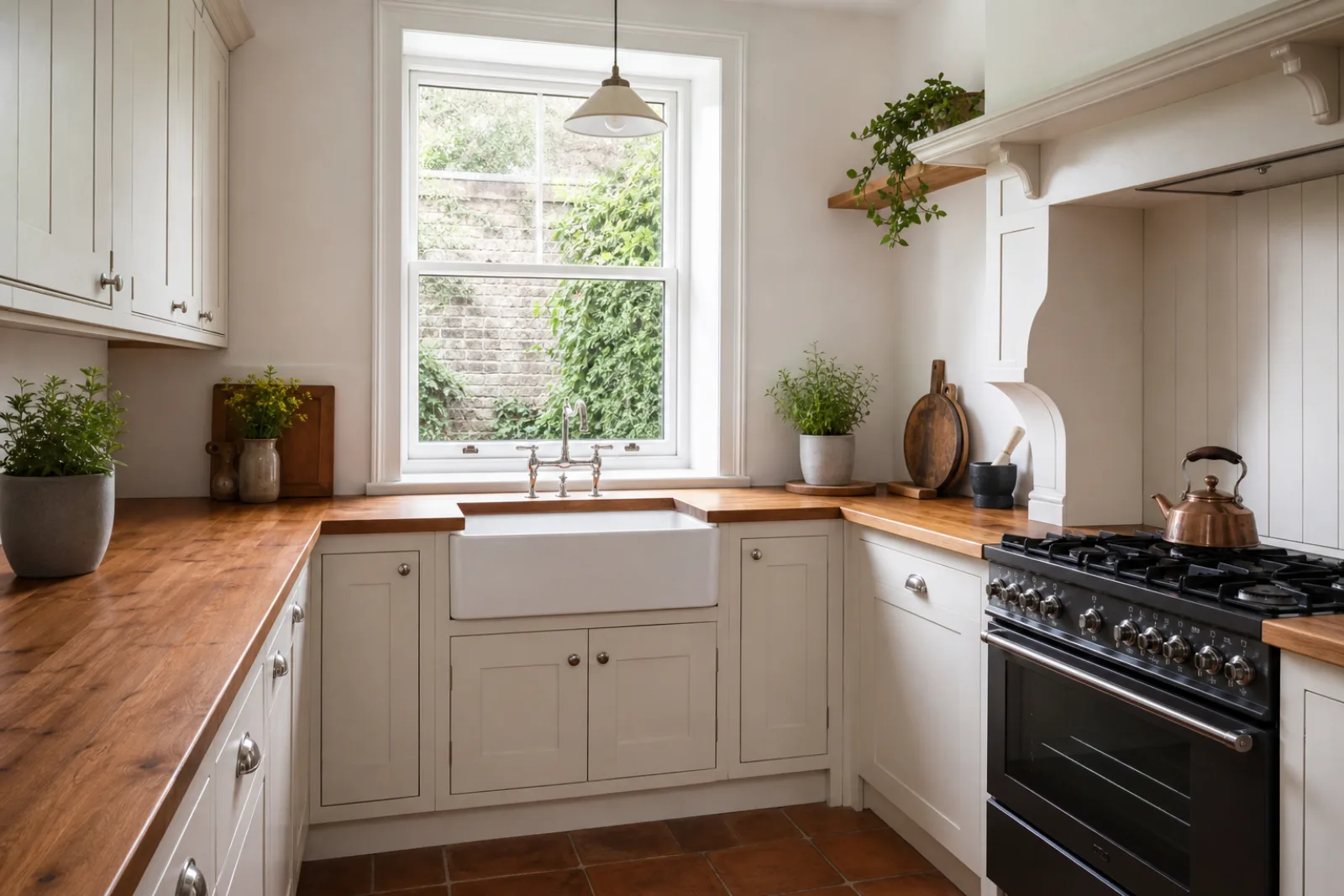 A freshly cleaned, spotless kitchen with wooden worktops and a ceramic butler sink in a British Victorian terraced house, bright overcast daylight, everything g