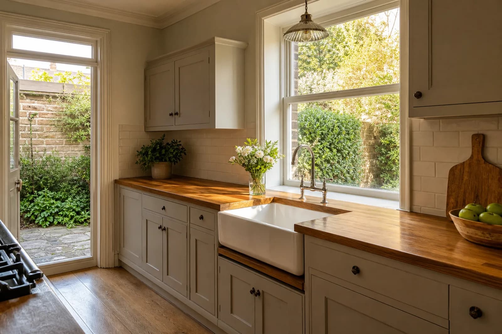A pristine kitchen with wooden worktops and a ceramic butler sink in a British Victorian terraced house just after a professional clean