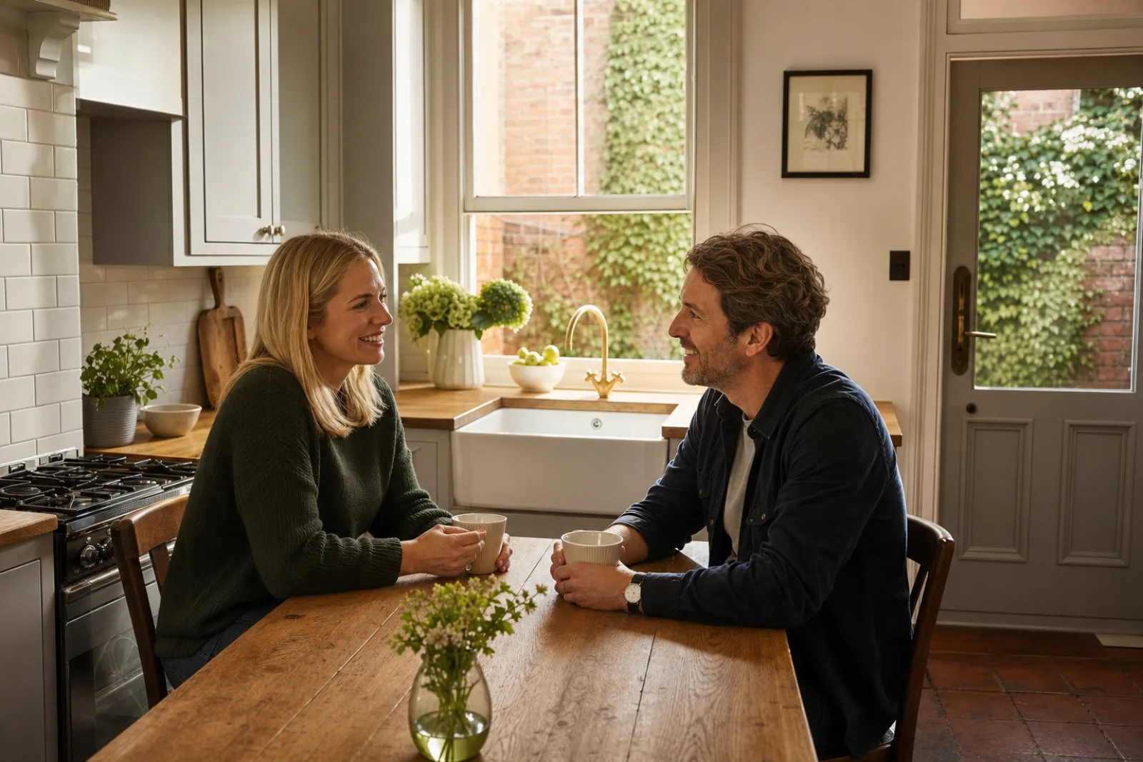 A couple chatting happily over tea in their tidy kitchen in a freshly cleaned kitchen with wooden worktops and a ceramic butler sink of a British Victorian terr