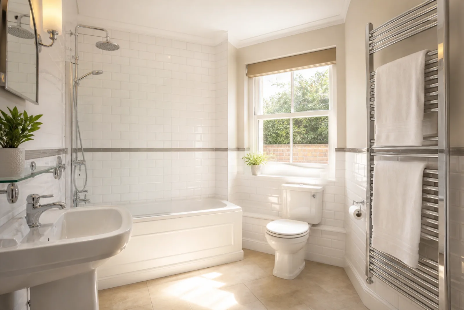 A freshly cleaned, spotless bathroom with white metro tiles and a gleaming chrome towel radiator in a British detached family home