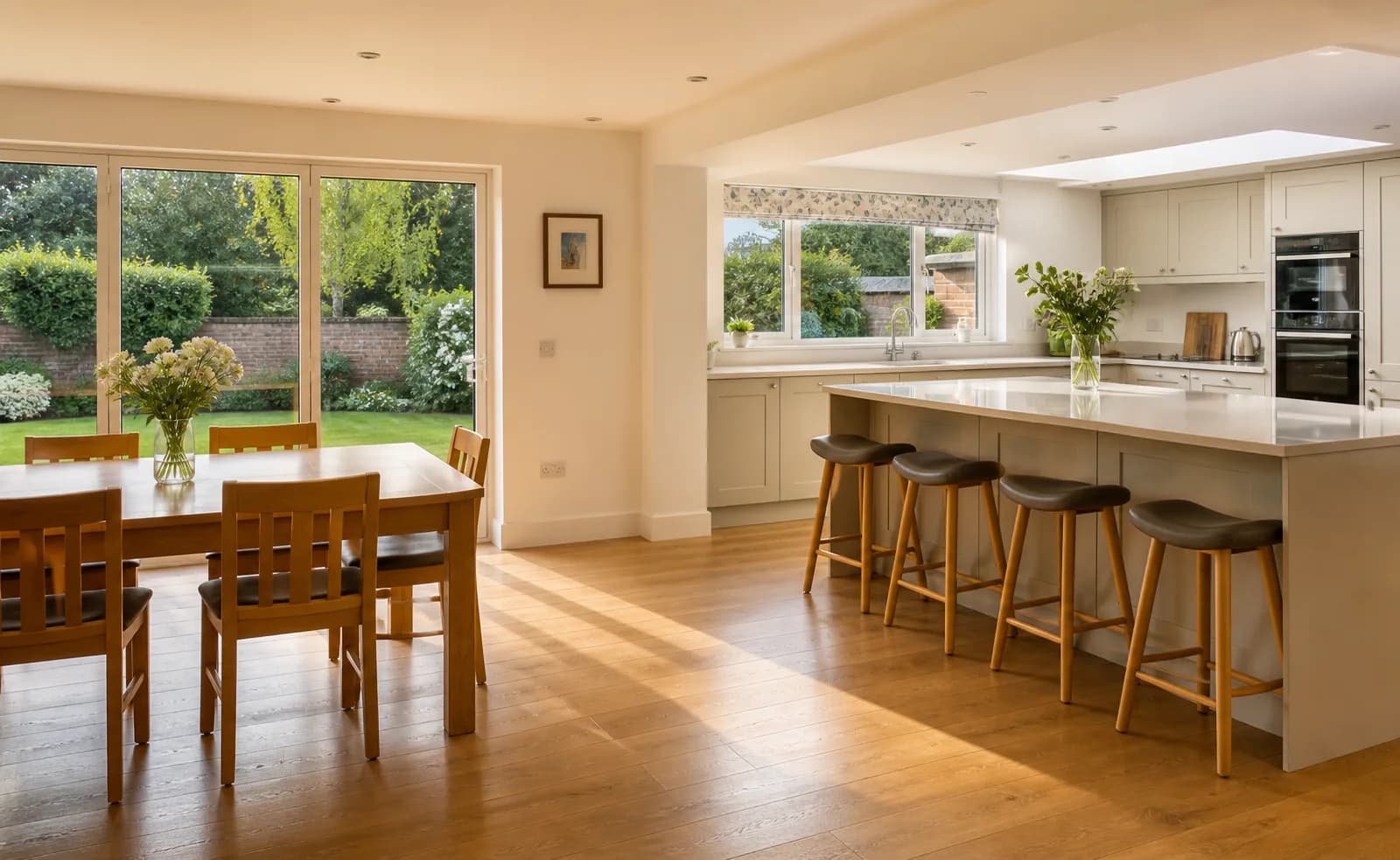 A pristine open-plan kitchen diner with oak flooring in a British detached family home just after a professional clean