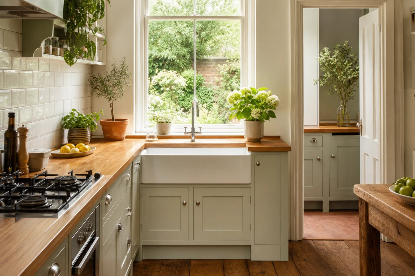A freshly cleaned, spotless kitchen with wooden worktops and a ceramic butler sink in a British Victorian terraced house