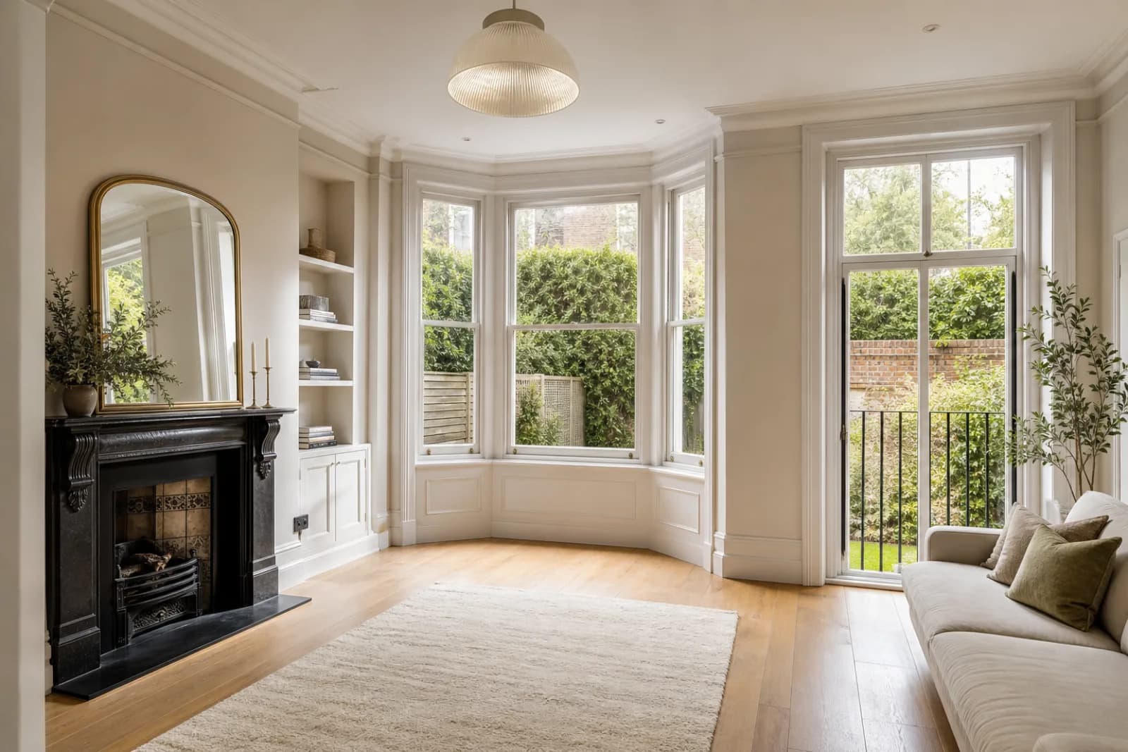 A pristine living room with a bay window and period fireplace in a British modern apartment with floor-to-ceiling windows and a Juliet balcony just after a prof
