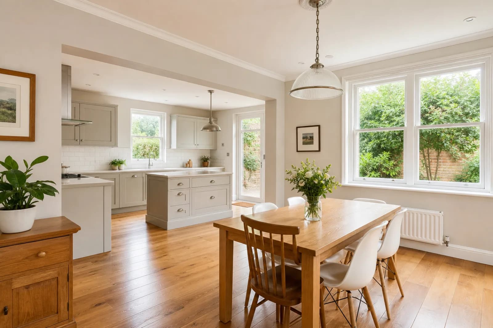 A freshly cleaned, spotless open-plan kitchen diner with oak flooring in a British Edwardian semi-detached house, bright overcast daylight, everything gleaming 