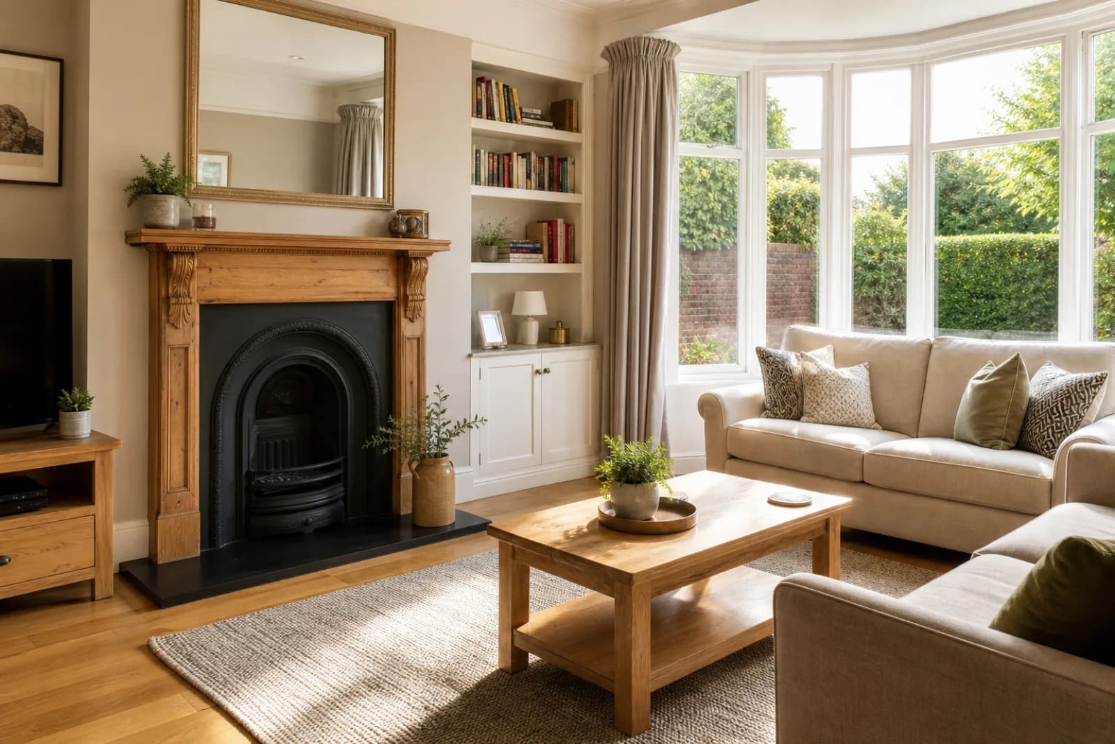 A freshly cleaned, spotless living room with a bay window and period fireplace in a British detached family home