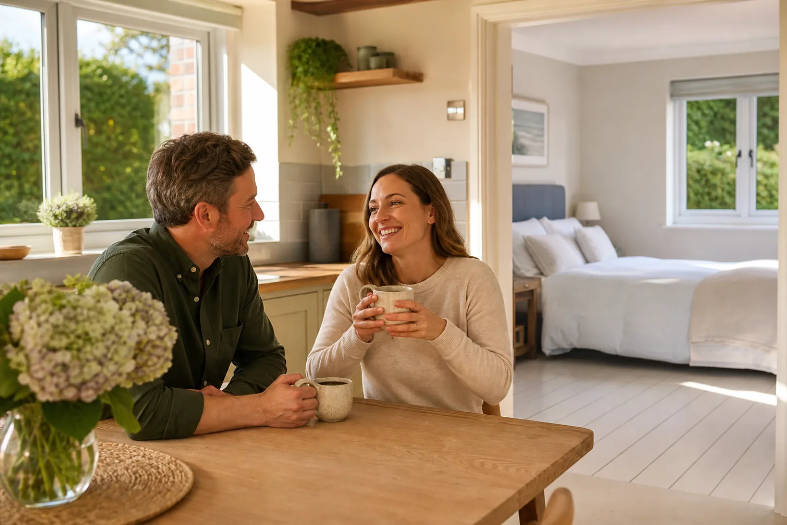 A couple chatting happily over tea in their tidy kitchen in a freshly cleaned bedroom with painted floorboards and a neatly made bed of a British detached famil