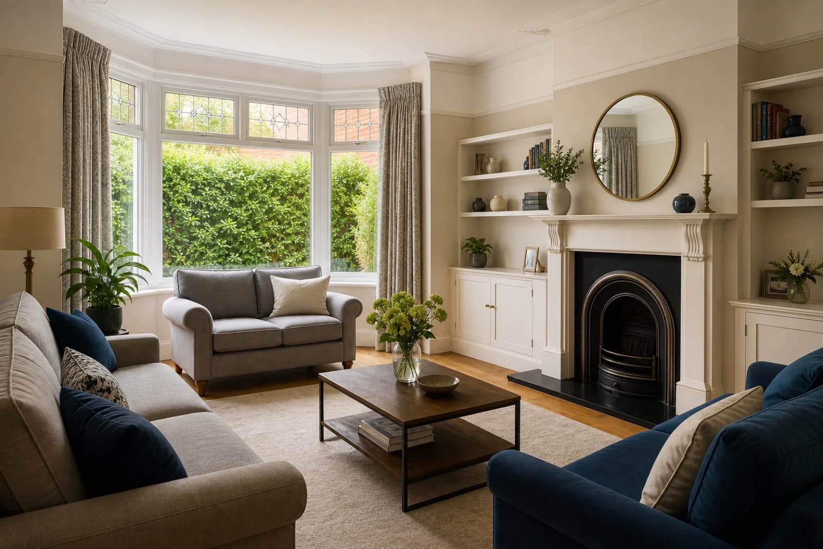 A freshly cleaned, spotless living room with a bay window and period fireplace in a British 1930s bay-fronted semi
