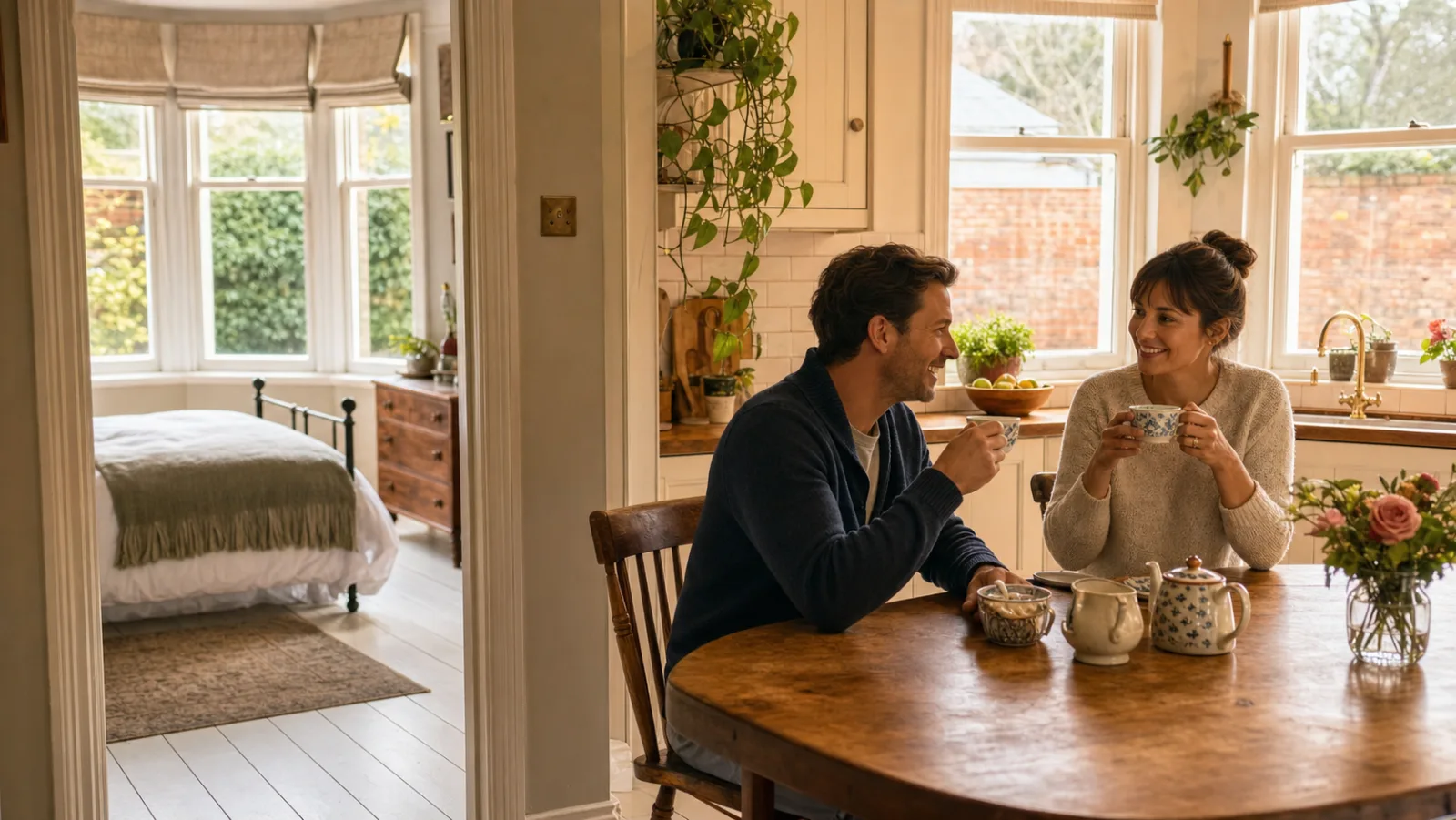 A couple chatting happily over tea in their tidy kitchen in a freshly cleaned bedroom with painted floorboards and a neatly made bed of a British 1930s bay-fron